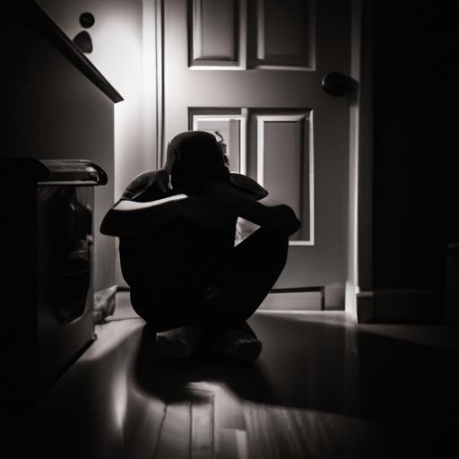 Một người ngồi một mình trong căn phòng tối, trông lo lắng và lạc trong suy nghĩ.