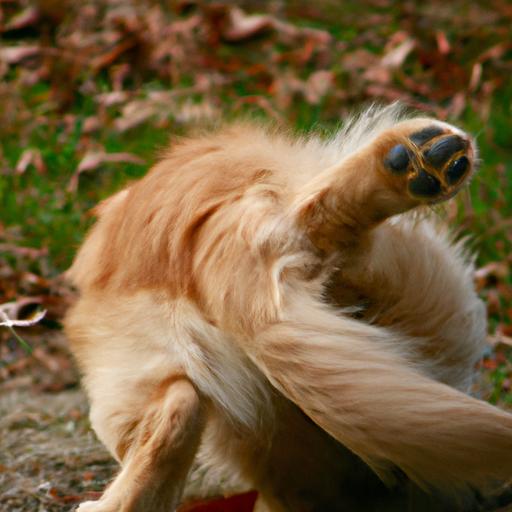 Một bức ảnh chó vàng đang vui đùa chạy theo đuôi của nó.