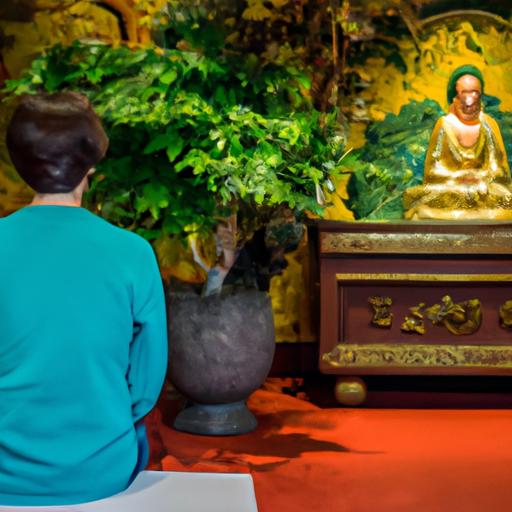Hình ảnh một người suy ngẫm sâu khi nhìn vào một bàn thờ Phật