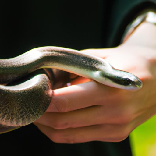 Một người cầm trên tay một con rắn.