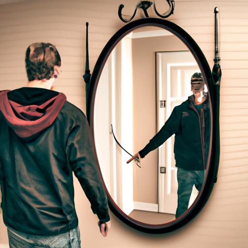 Một người đứng trước gương, nhìn vào hình ảnh phản chiếu của mình với sự tò mò và lo lắng xen lẫn.