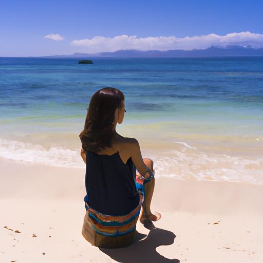 Một người phụ nữ xinh đẹp ngồi bên bãi biển, nhìn ra xa dương cảnh.