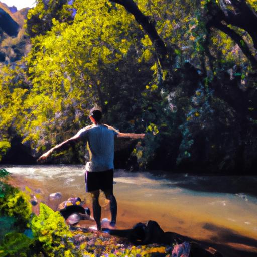Người đang đứng trong dòng sông, bao quanh bởi một môi trường tự nhiên yên bình, biểu trưng cho sự kết nối với thiên nhiên và luân chuyển của cuộc sống.