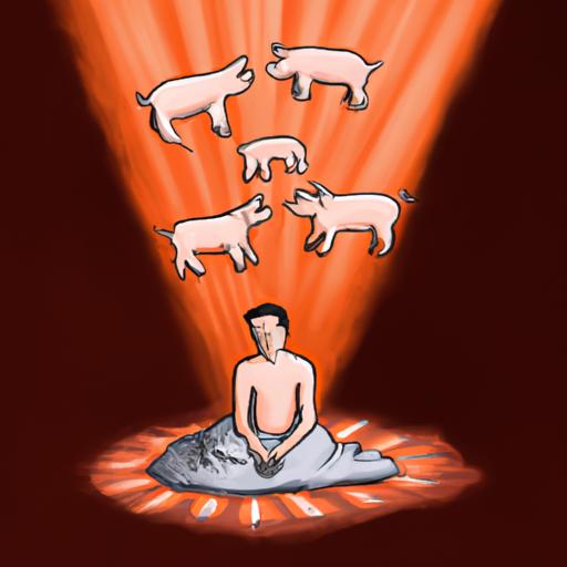 Hình minh họa của một người đang mơ thấy lợn đẻ con, với những tia sáng tượng trưng cho ý nghĩa và tưởng tượng liên quan đến giấc mơ.