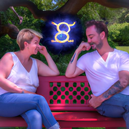 Một cặp đôi ngồi trên ghế công viên, có cuộc trò chuyện thân mật, tượng trưng cho sự kết nối tình cảm giữa hai cung hoàng đạo Cự Giải và Kim Ngưu.