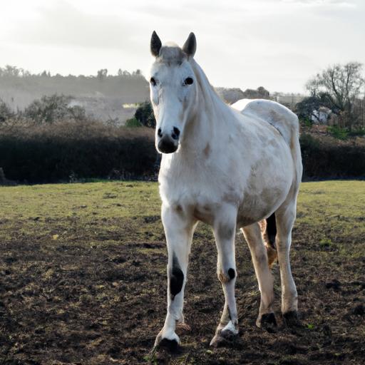 Một con ngựa trắng xinh đẹp đứng tựa như hoàng gia giữa cánh đồng