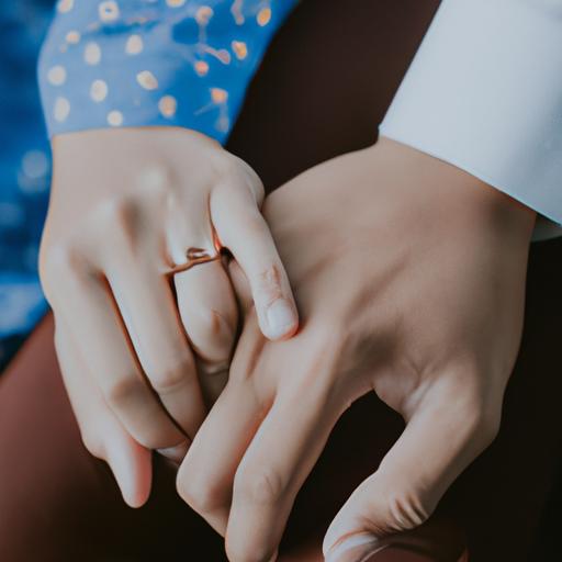 Một bức ảnh của một cặp đôi nắm tay với nhẫn vàng trên ngón tay